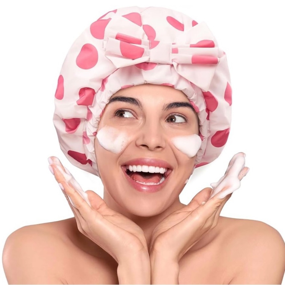 Mulberry Silk Lined Pink Polka Dot Shower Cap with Bow Accent
